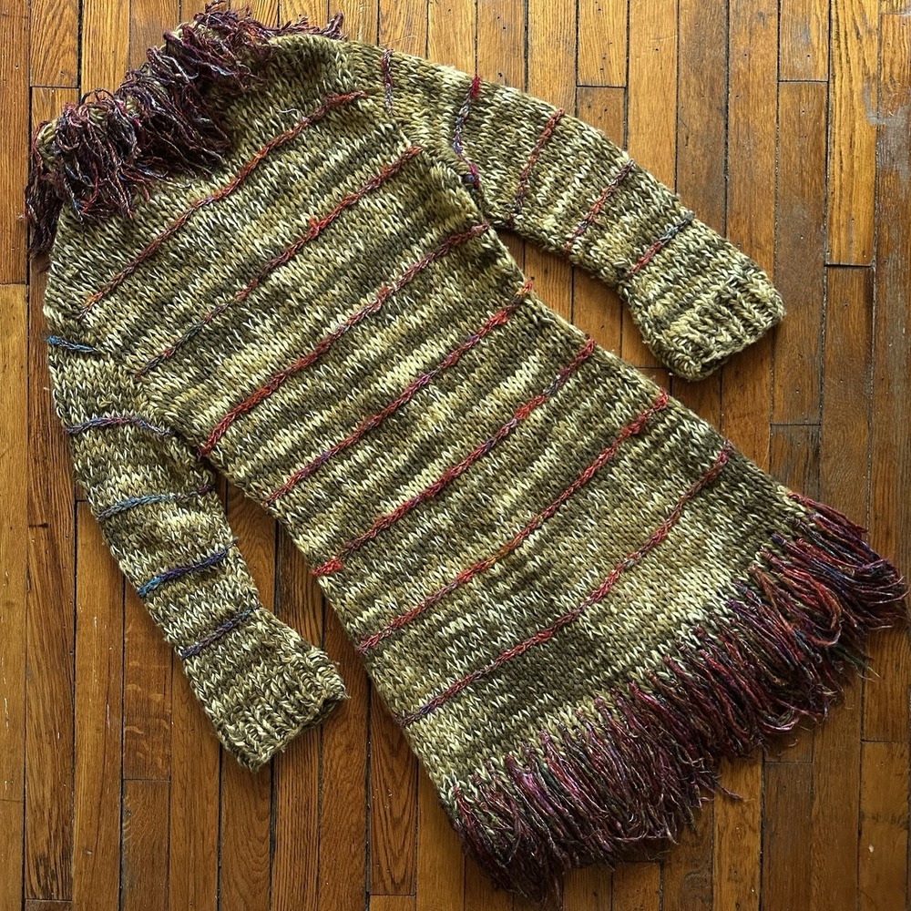 Vtg Y2K Handknit Wool Fuzzy String Neck Sweater Coat Mid Length Women Medium - Picture 8 of 8